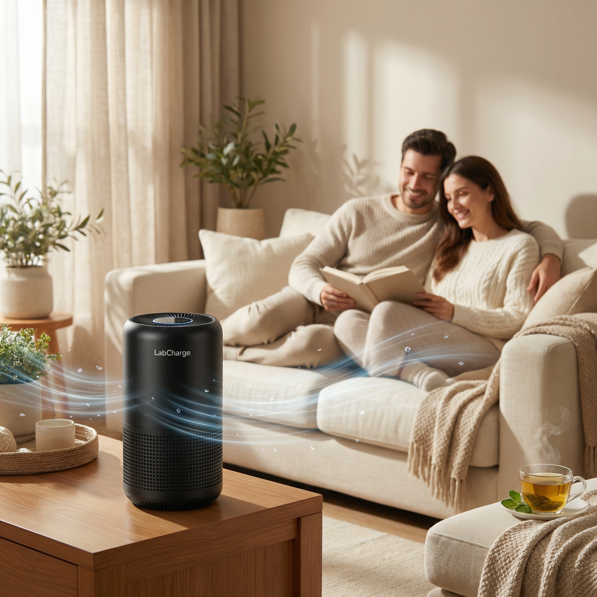LabCharge purifier in a cozy living room